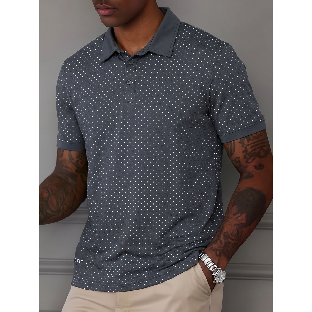 BYLT Drop Cut Polo Mens XL Grey Polka Dot Lux Short Sleeve Stretch